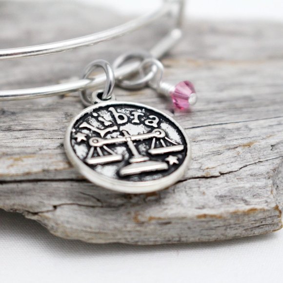 October Libra Adjustable Charm Bangle - Handmade Zodiac Bracelet - Picture 5 of 13